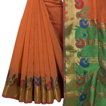 Orange woven chanderi silk saree with blouse 3