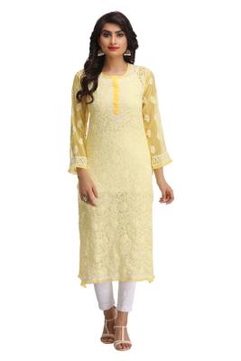Ada Yellow Hand Embroidered Chikankari Georgette Kurti 2