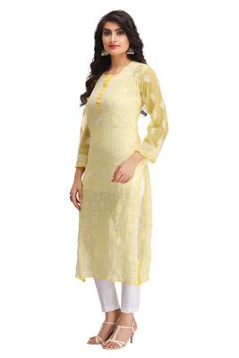 Ada Yellow Hand Embroidered Chikankari Georgette Kurti 4
