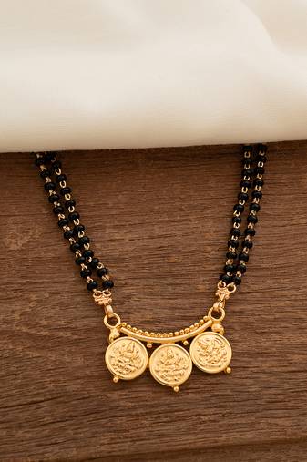Black beads LONG mangalsutra with triple Laxmi coin vati one gram gold