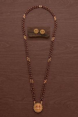 Maroon double line LONG necklace with Laxmi pendant and matching earrings one gram gold 1