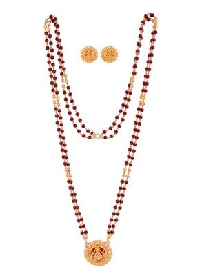 Maroon double line LONG necklace with Laxmi pendant and matching earrings one gram gold 2