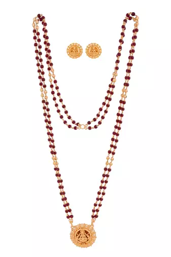 Maroon double line LONG necklace with Laxmi pendant and matching earrings one gram gold