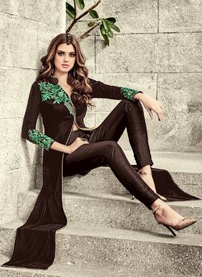 Brown Multi Resham Work Velvet Pakistani Salwar With Dupatta 3