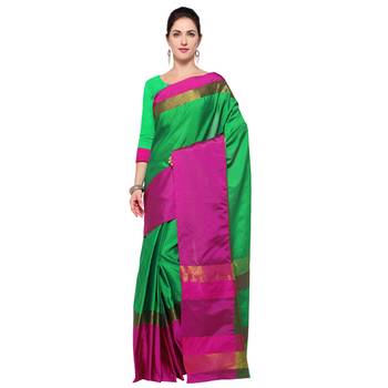 Green Plain Silk Saree With Blouse 1