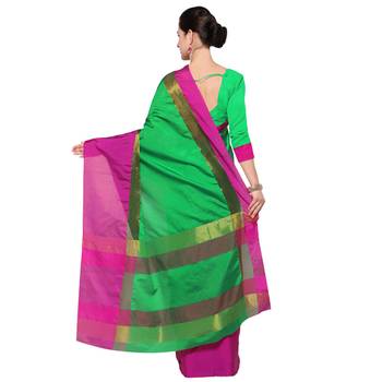 Green Plain Silk Saree With Blouse 2