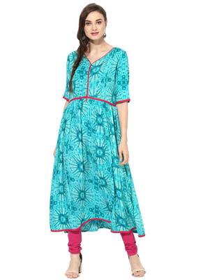 turquoise Printed Rayon stitched kurti 1