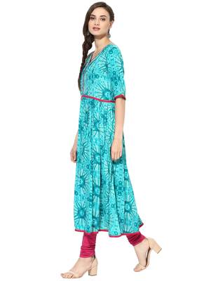 turquoise Printed Rayon stitched kurti 3