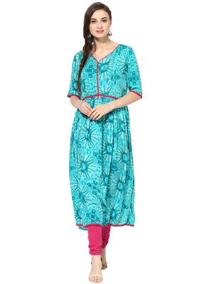 turquoise Printed Rayon stitched kurti 5