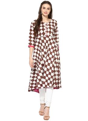 Brown Printed cotton stitched kurti 1