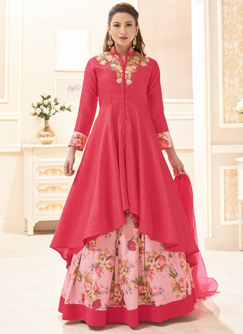 Rani pink multi resham work silk salwar with dupatta