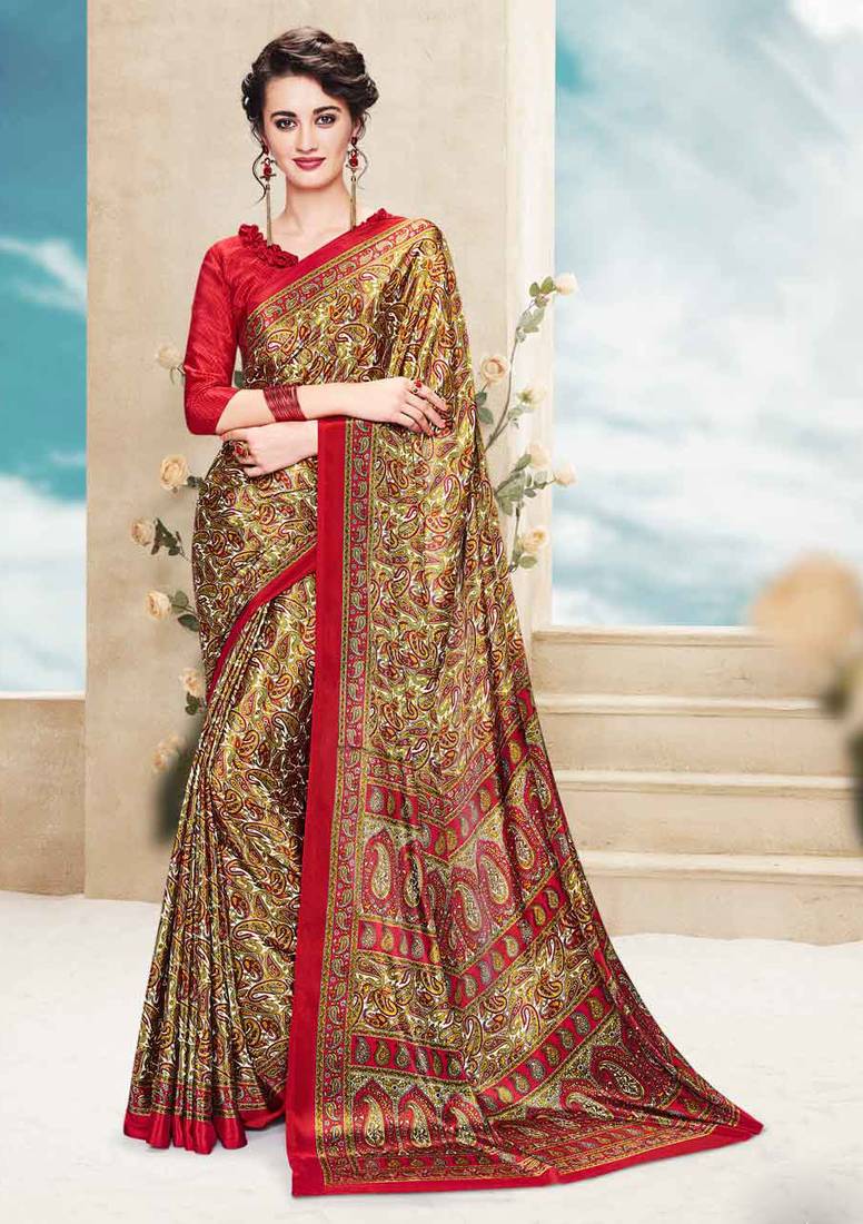 Olive printed crepe saree with blouse