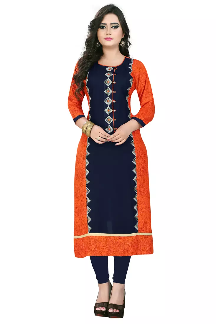 Orange embroidered rayon stitched  party wear kurtis