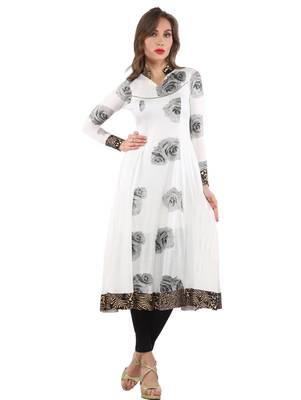 Ira Soleil White Long Anarkali Kurti with Black foral print made in Polyester Lycra fabric 1