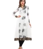 Ira Soleil White Long Anarkali Kurti with Black foral print made in Polyester Lycra fabric
