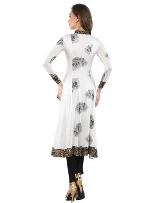 Ira Soleil White Long Anarkali Kurti with Black foral print made in Polyester Lycra fabric 2