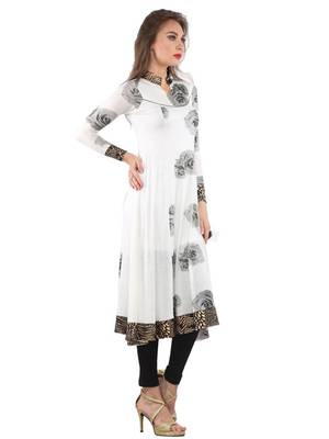 Ira Soleil White Long Anarkali Kurti with Black foral print made in Polyester Lycra fabric 3
