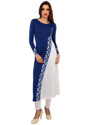 Ira Soleil Blue and White Long Anarkali with Floral print made in Polyester lycra and Chiffon Fabric 1