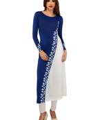 Ira Soleil Blue and White Long Anarkali with Floral print made in Polyester lycra and Chiffon Fabric