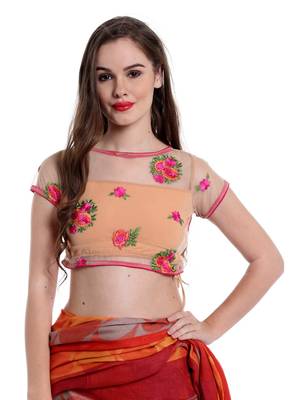 Ira soleil Beige cap sleeve embroided Black lace saree Blouse 1