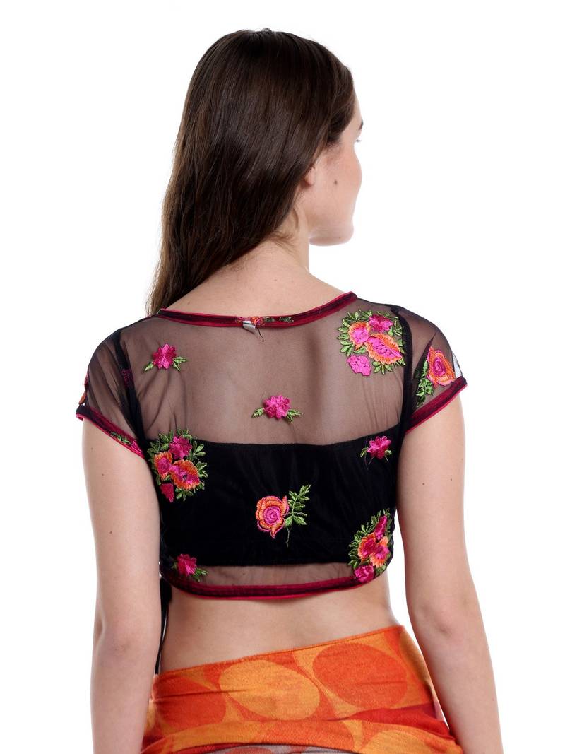 Ira soleil Black cap sleeve embroided Black lace saree Blouse