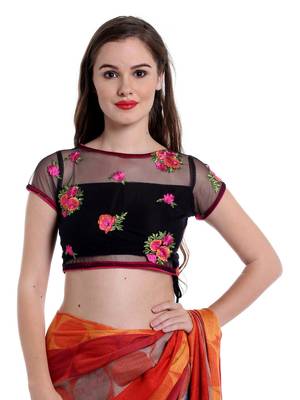 Ira soleil Black cap sleeve embroided Black lace saree Blouse 3