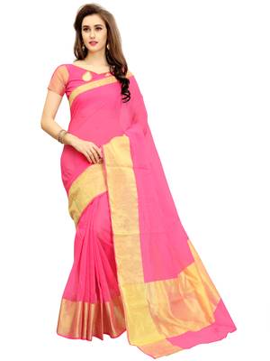 Pink woven chanderi silk saree with blouse 1