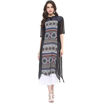 Black printed polyester stitched kurtas-and-kurtis 1