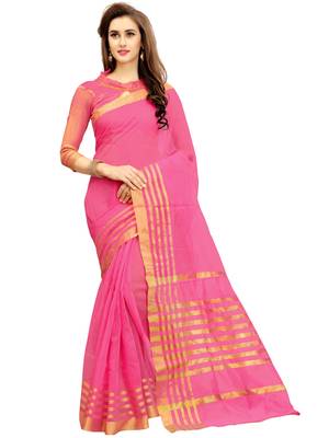 Pink woven chanderi silk saree with blouse 1