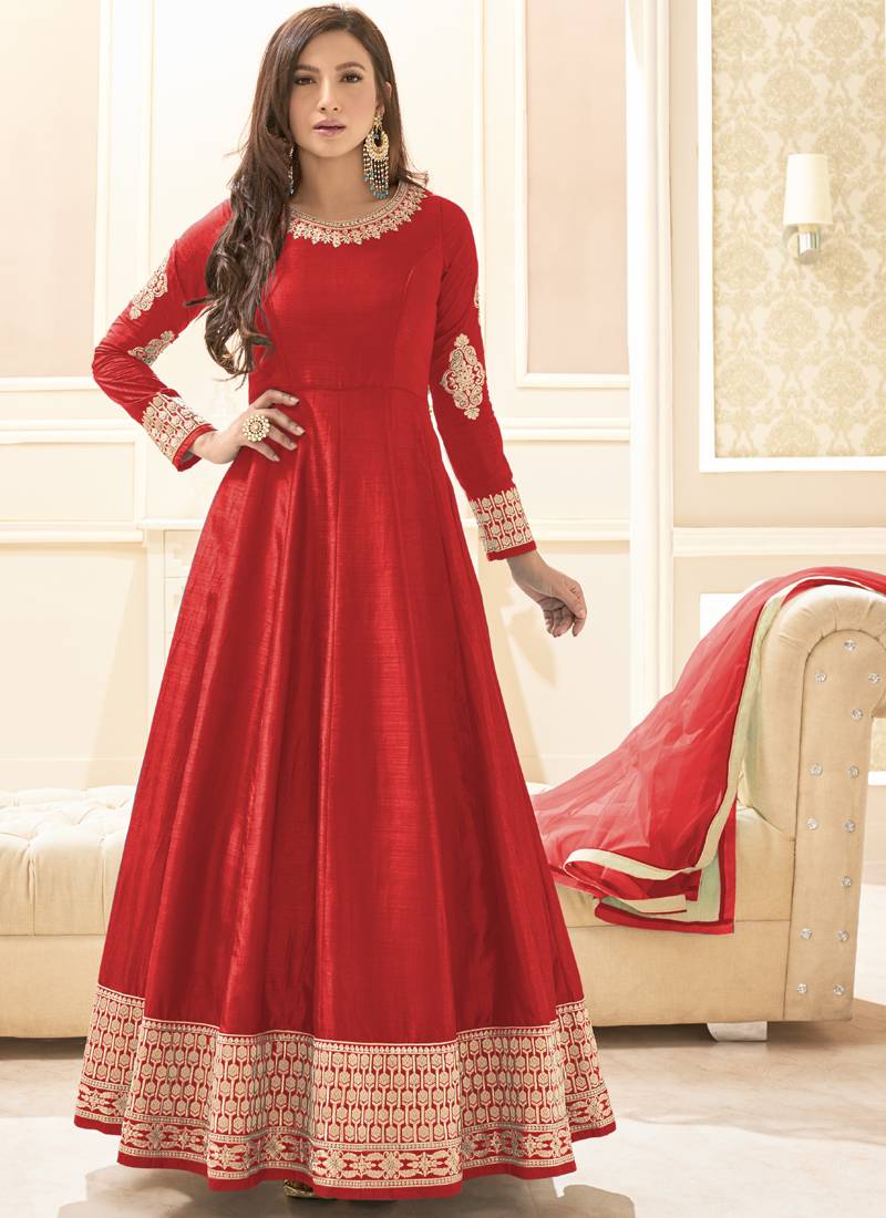 Dark red multi resham work banarasi silk salwar with dupatta