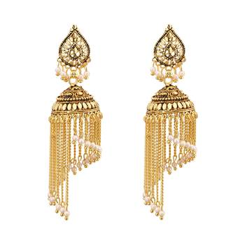 Gold Plated Chandelier Jhalar Jhuumki/Earrings with White Beads For Women And Girls 1