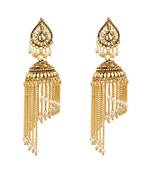 Gold Plated Chandelier Jhalar Jhuumki/Earrings with White Beads For Women And Girls