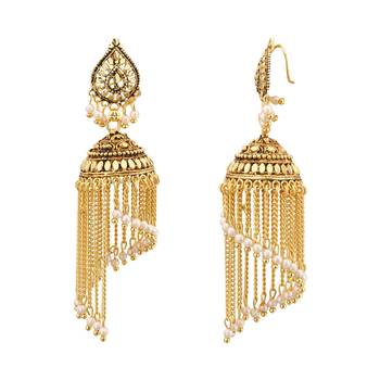 Gold Plated Chandelier Jhalar Jhuumki/Earrings with White Beads For Women And Girls 2