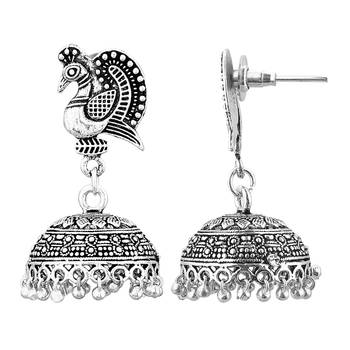 Peacock Inspired Germen Silver Oxidised Handmade Jhumki Earrings For Womens  and  Girls 2