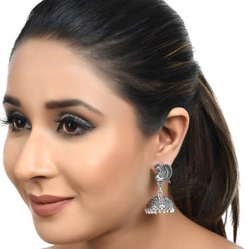 Peacock Inspired Germen Silver Oxidised Handmade Jhumki Earrings For Womens  and  Girls 5