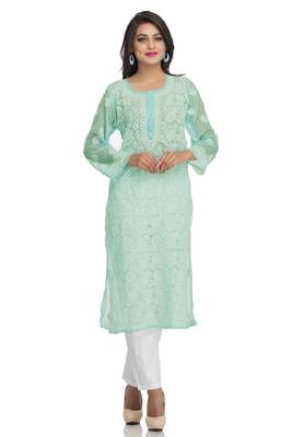 Sea Green  Embroidered Stitched Georgette Kurti 1