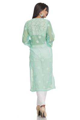 Sea Green  Embroidered Stitched Georgette Kurti 2