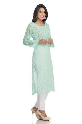 Sea Green  Embroidered Stitched Georgette Kurti 3