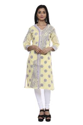 Ada Lemon Hand Embroidered Chikankari Cotton Kurti  2