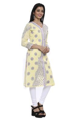 Ada Lemon Hand Embroidered Chikankari Cotton Kurti  4