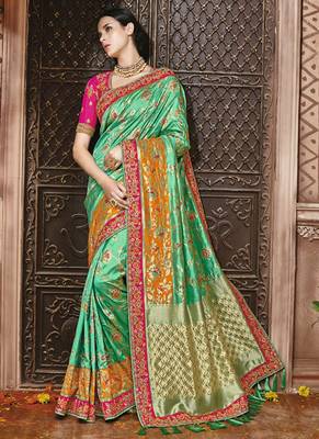 Green embroidered kanchipuram silk saree with blouse 1