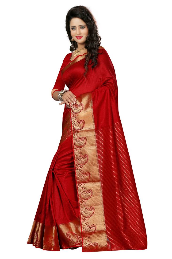 Red color printed semi stitched poly cotton saree with blouse - Areca ...
