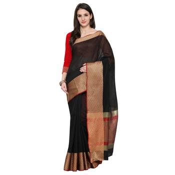 Black Woven Polycotton Saree With Blouse 1