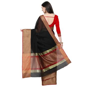Black Woven Polycotton Saree With Blouse 2