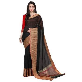 Black Woven Polycotton Saree With Blouse 3