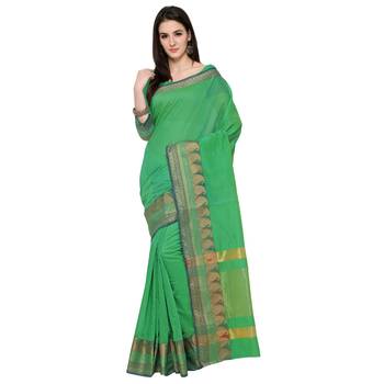 Green Woven Polycotton Saree With Blouse 1