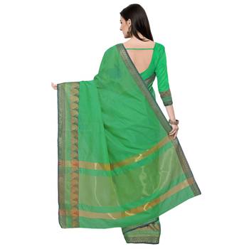 Green Woven Polycotton Saree With Blouse 2