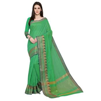 Green Woven Polycotton Saree With Blouse 3