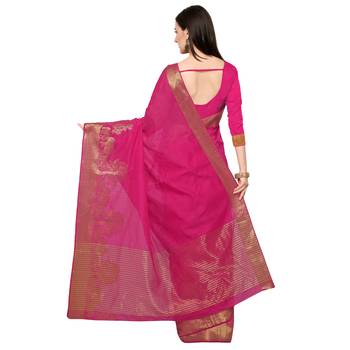 Pink Woven Polycotton Saree With Blouse 2