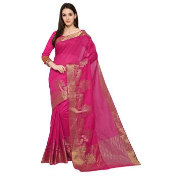 Pink Woven Polycotton Saree With Blouse 3
